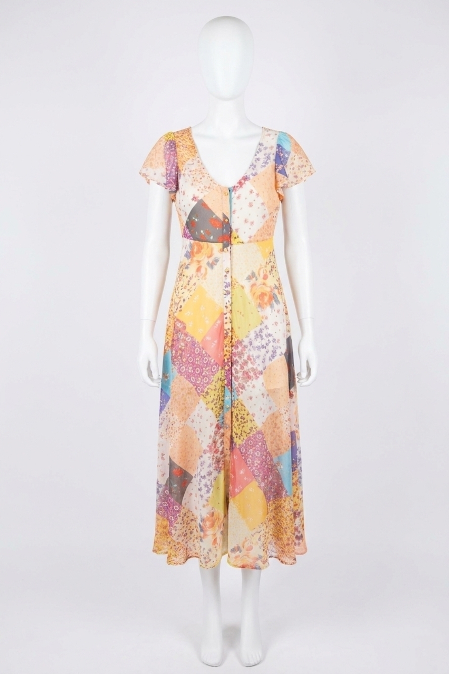 NEW BLUIVY pastel quilt printed button down maxi dress in vanilla/gold
